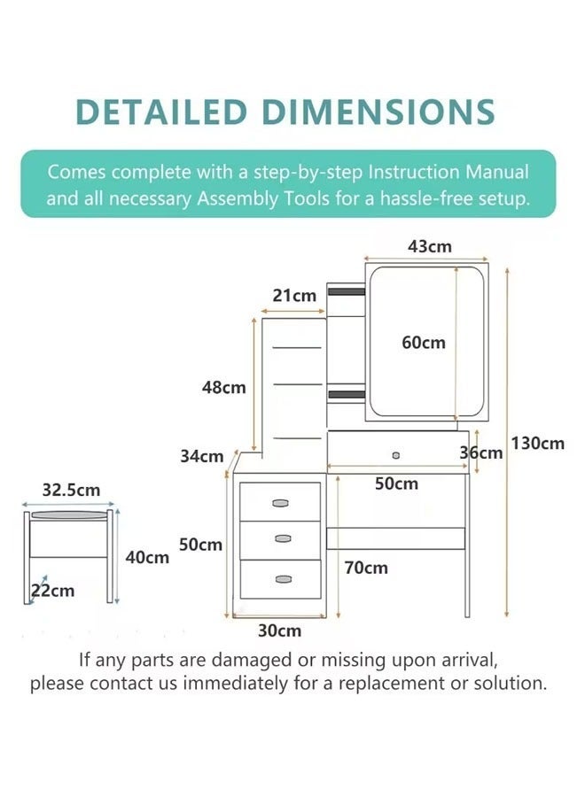 Beauenty Vanity Desk Chair Set with Mirror Makeup Table with Stool Dressing Table with Storage Drawer Shelves Vanity Table with Lots Storage for Bedroom. (White) - Image 4